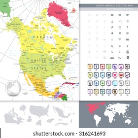 North America detailed political map with a 3D square icons. D.I.Y.infographic set.All elements are separated in editable layers clearly labeled. All layers are subscribed.