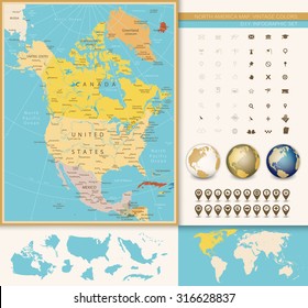 North America detailed political map with vintage colors. D.I.Y.infographic set. All elements are separated in editable layers clearly labeled. All layers are subscribed.