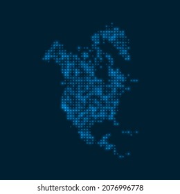 Nordamerika hat eine leuchtende Karte gezeichnet. Form des Kontinents mit blauen Glühbirnen. Vektorgrafik.