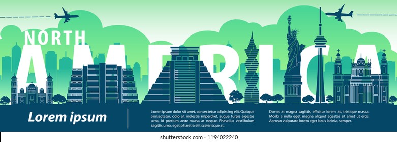 north america famous landmark silhouette style,text within,travel and tourism,vector illustration