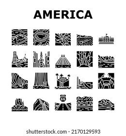 North America Famous Landscape Icons Set Vector. Haiku Stars And Rock Formation Wave Banff Sequoia National Park, Gate Bridge Times Square North America Land Scape Glyph Pictograms Black Illustrations