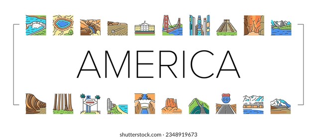 El famoso vector de Iconos Paisajísticos de Norteamérica. Estrellas De Haiku Y Ola De Formación De Rock, Parque Nacional Banff And Sequoia, Puente Golden Gate Y Ilustraciones De Color Del Escape Terrestre De Times Square North America