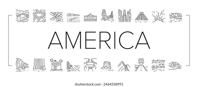 North America Famous Landscape Icons Set Vector. Haiku Stars And Rock Formation Wave, Banff Sequoia National Park, Golden Gate Bridge Times Square North America Land Scape Black Contour Illustrations