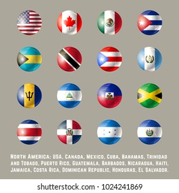 North America flags. Glossy round button flag set. Vector illustration.