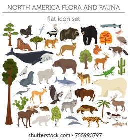 North America Flora And Fauna Flat Elements. Animals, Birds And Sea Life Big Set. Build Your Geography Infographics Collection. Vector Illustration