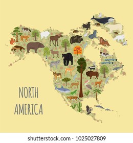 North America flora and fauna map, flat elements. Animals, birds and sea life big set. Build your geography infographics collection. Vector illustration