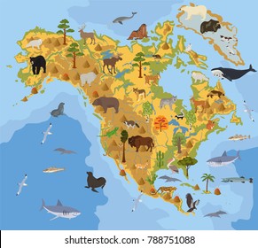 North America flora and fauna map, flat elements. Animals, birds and sea life big set. Build your geography infographics collection. Vector illustration