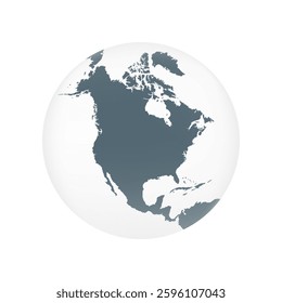 North America globe map. World globe map isolated on white background. North America globe icon. Minimalist 3D globe of North America. Vector illustration. 