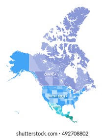 North America High Detailed Vector Map With States Borders Of Canada, USA And Mexico. All Elements Separated In Detachable Layers