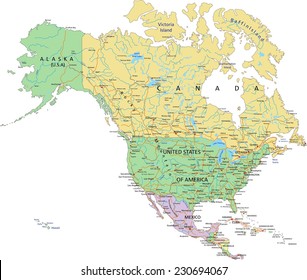 North America - Highly detailed editable political map with separated layers.