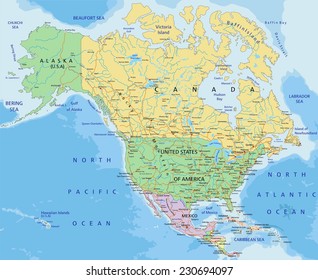 North America - Highly detailed editable political map with separated layers.