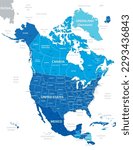 North America highly detailed map. Vector blue illustration with borders, cities