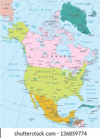 North America -highly detailed map.All elements are separated in editable layers clearly labeled. Vector
