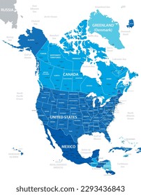 North America highly detailed map. Vector blue illustration with borders, cities