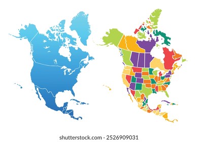 North America highly detailed map. Vector blue illustration with borders, cities.