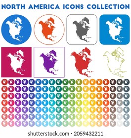 North America icons collection. Bright colorful trendy map icons. Modern North America badge with continent map. Vector illustration.