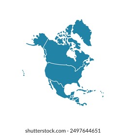 North America isolated blue map on white background. High detailed, with board. USA, Canada, Mexico, Cuba, Guatemala, Haiti, Dominican Republic, Honduras, Nicaragua.