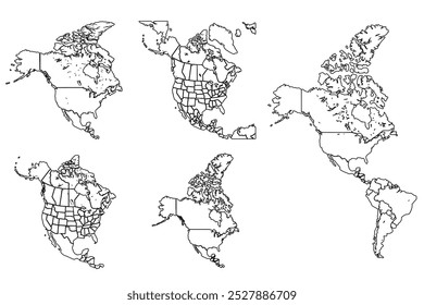 Mapa aislado de América del Norte sobre fondo blanco. Alto detallado, con tablero. Estados Unidos, Canadá, México, Cuba, Guatemala, Haití, República Dominicana, Honduras, Nicaragua.