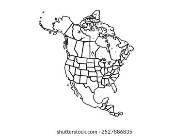 Mapa aislado de América del Norte sobre fondo blanco. Alto detallado, con tablero. Estados Unidos, Canadá, México, Cuba, Guatemala, Haití, República Dominicana, Honduras, Nicaragua.