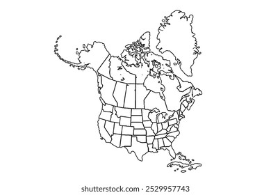 Mapa aislado de América del Norte sobre fondo blanco. Alto detallado, con la Ilustración vectorial del arte de board.line, mapa del dibujo de la línea.