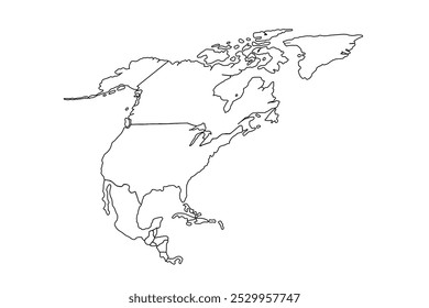 Mapa aislado de América del Norte sobre fondo blanco. Alto detallado, con tablero. EE.UU., Canadá, México, Cuba, Guatemala, Haití, República Dominicana. Ilustración vectorial de arte de línea, mapa de dibujo de línea.