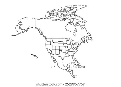 Mapa aislado de América del Norte sobre fondo blanco. Alto detallado. Ilustración vectorial de arte de línea, mapa de dibujo de línea.