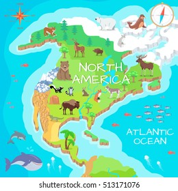 North America isometric map with flora and fauna. Cartography concept with nature. Geographical map with local fauna. North America continent with mammals and sea life. Vector illustration for kids