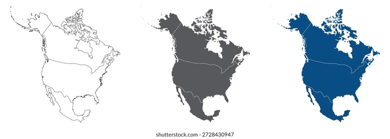 North America Line Map Set with White Blue and Grey Color Variations. North America with country plain set.