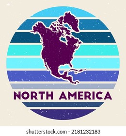 North America logo. Sign with the map of continent and colored stripes, vector illustration. Can be used as insignia, logotype, label, sticker or badge of the North America.