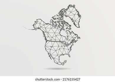 Mapa de América del Norte - Resumen de la línea de purga y las escalas de puntos sobre el fondo blanco con el Mapa Mundial. Malla 3D del marco de cables línea de red poligonal, esfera de diseño, punto y estructura - Ilustración vectorial eps 10