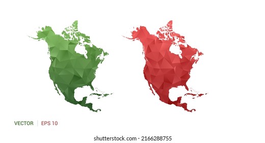 Mapa de Norteamérica de polígono vector abstracto conjunto de colores verde y rojo de la pareja.