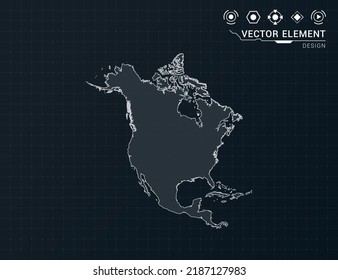 North America map of black digital frame HUD, GUI, UI interface technology radar vector.