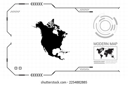 North America map of black digital frame HUD, GUI, UI interface technology radar vector.