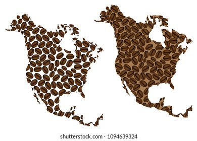 North America -  map of coffee bean, North America map made of coffee beans,