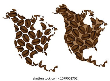 North America -  map of coffee bean, North America map made of coffee beans,
