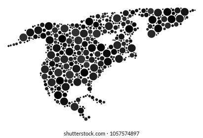 North America Map collage of dots in variable sizes and color tinges. Dots are grouped into north america map vector composition. Vector design concept.