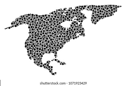 North America Map collage of dots in variable sizes and color shades. Circle dots are composed into north america map vector collage. Dotted vector illustration.