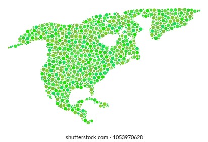 North America Map collage of round dots in variable sizes and ecological green color tints. Round dots are composed into north america map vector collage. Ecological vector illustration.