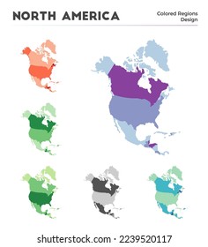 Colección de mapas de América del Norte. Fronteras de Norteamérica para tu infografía. Regiones del continente coloreadas. Ilustración vectorial.