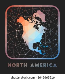 North America map design. Vector low poly map of the continent. North America icon in geometric style. The continent shape with polygonal gradient and mesh on dark background.