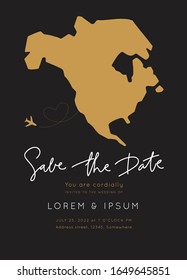 North America Map Destination Wedding.Vintage  Invitation overlay.Modern luxury vector design template.Atlas Travel Theme.