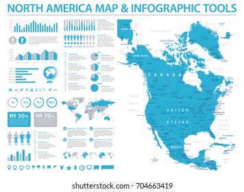 North America Map - Detailed Info Graphic Vector Illustration