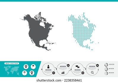 North America map of dots gray and green for presentation. Set couple pixel creative concept for infographic.