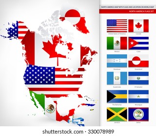 North America Map with Flags and Location On World Map