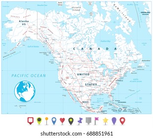 North America Map and Flat Map Pointers. Vector illustration.