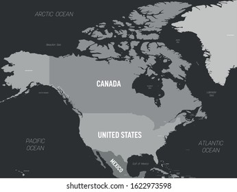 North America map - grey colored on dark background. High detailed political map North American continent with country, capital, ocean and sea names labeling.