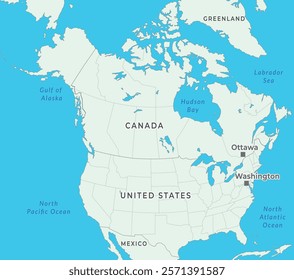 North America map highlighting countries, borders, major cities