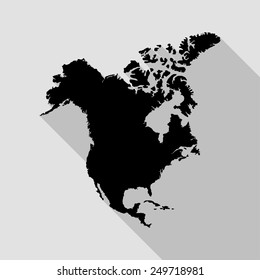 North America map icon - black illustration with long shadow