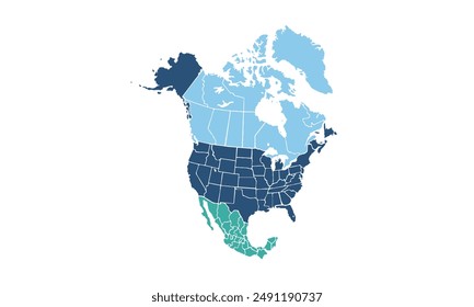 North America map with individual colors,isolated on white background for website layouts,background,education, precise,customizable,Travel worldwide,map silhouette backdrop,earth geography.