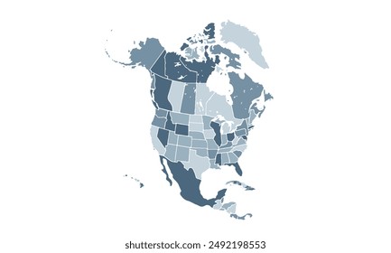 North America map with individual colors,isolated on white background for website layouts,background,education, precise,customizable,Travel worldwide,map silhouette backdrop,earth geography.